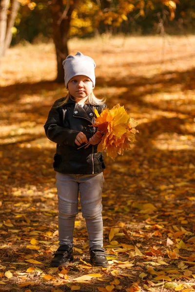 Niña Una Chaqueta Cuero Jugando Parque Otoño —  Fotos de Stock