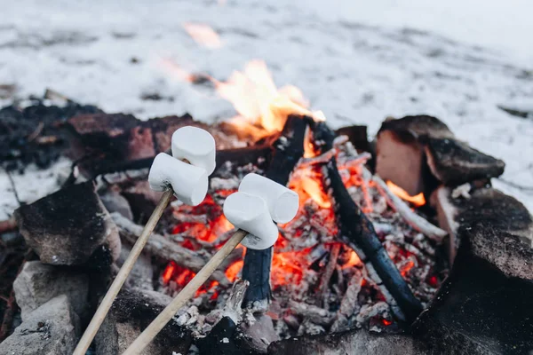 在冬季森林中 在有雪的森林里 在火上烤棉花糖 — 图库照片