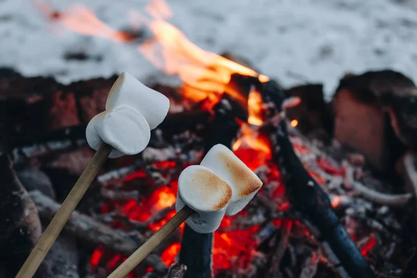 Roasted marshmallows on a fire in the winter forest with snow on the background