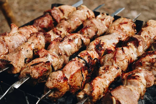 Closeup of some meat skewers being grilled in a barbecue — Stock Photo, Image