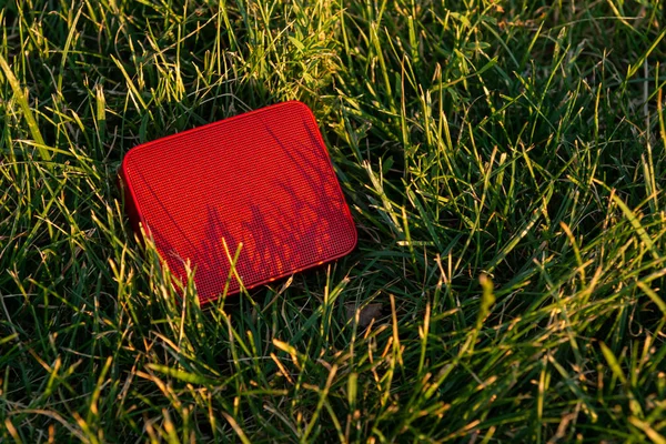 Rode Bluetooth Speaker is liggend op het gras — Stockfoto