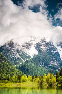 Lago di Landro Gölü İtalyan Alpleri'nde canlı yeşil ağaçlar.