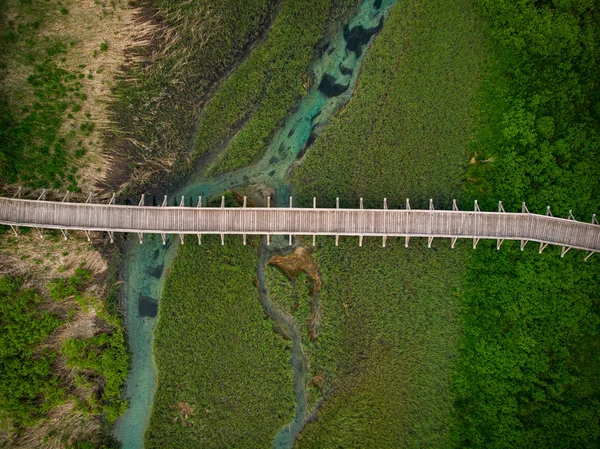 Wooden Footbridge Zelenci Natural Reserve Slovenia Aerial Drone View Top — Stock Photo, Image