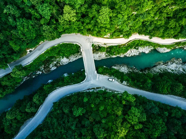 Puente Napoleones Sobre Río Soca Eslovenia Vista Aérea Del Dron — Foto de Stock