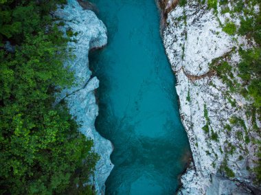Rocks anf forest along Soca river, drone top down photo,Slovenia clipart