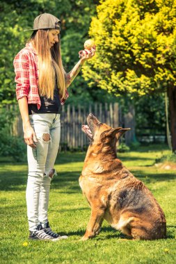 Çekici genç kadın ve Alman çoban köpek eğitiminde Bahçe