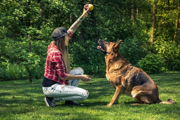 Γυναίκα Παιχνίδι Σκύλο Της Στον Κήπο Καλοκαίρι — Φωτογραφία Αρχείου