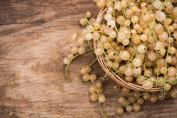 Sepet, ahşap tahta üzerinde kopya alanı içinde taze olgun beyaz frenk üzümü.