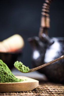 Bakış üzerinde yeşil Matcha çay kapatır