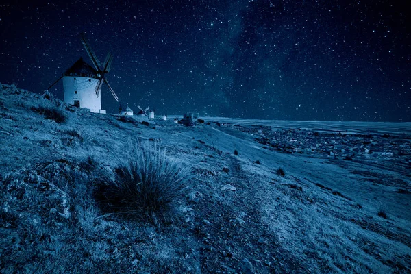 Consuegra Wind Mills Milky Way Night Sky — Stock Photo, Image