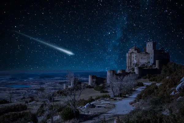 Shooting Falling Stars Loarre Castle Spain — Stock Photo, Image