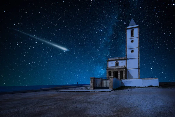 Perseid Meteor Shower Milky Way Castle Church Almadraba Monteleva Spain — Stock Photo, Image