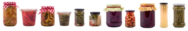Wide Banner Preserved Food Jars Isolated White — Stock Photo, Image