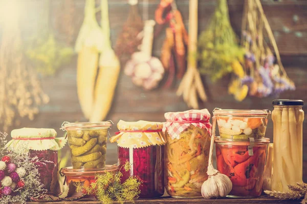 Pickled Marinated Fermented Vegetables Shelves Cellar — Stock Photo, Image