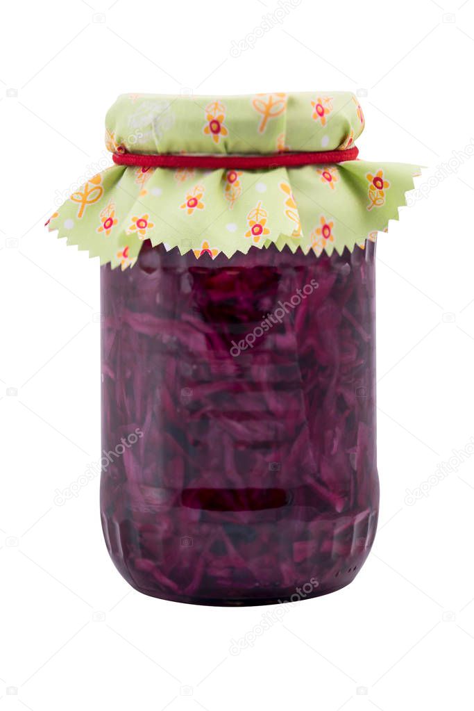 Jar with fermented and preserved red cabbage, isolated on white