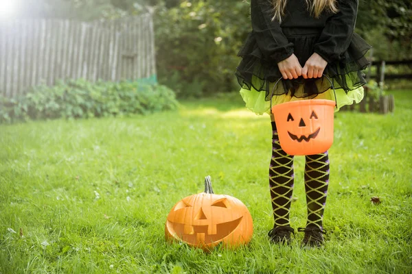 Dziewczyna Zadowoleni Wiadro Cukierki Halloween Kostium Obok Dyni Ogrodzie — Zdjęcie stockowe