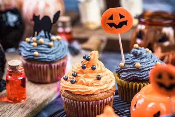 Kids Halloween party food on decorated table.