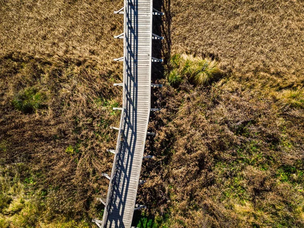 Wooden Bridge Dry Grassland Aerial View Zelenci Slovenia — Stock Photo, Image
