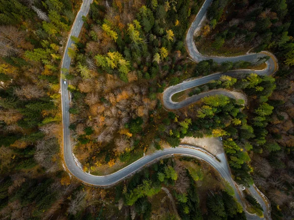 Estrada Sinuosa Nas Montanhas Bosques Queda Vista Drone Cima — Fotografia de Stock