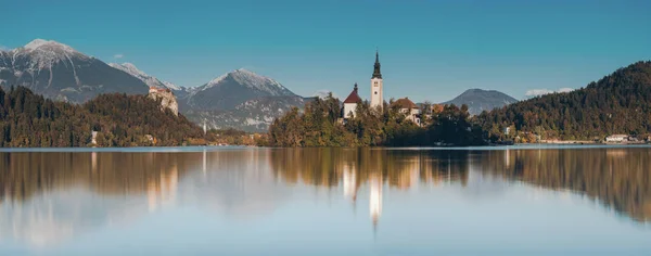 Ampla Imagem Panorâmica Lago Bled Slovenia — Fotografia de Stock