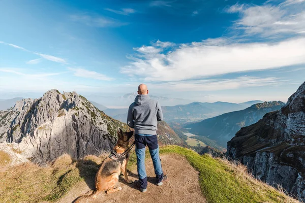 Hombre Con Perro Mirando Vista Panorámica Desde Pico Alto — Foto de Stock