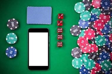 Çizgi oyun sahte şablon casino poker masada üstünde hareket eden telefon.