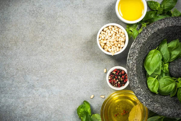 Making Basil Pesto Border Background Ingredients — Stock Photo, Image