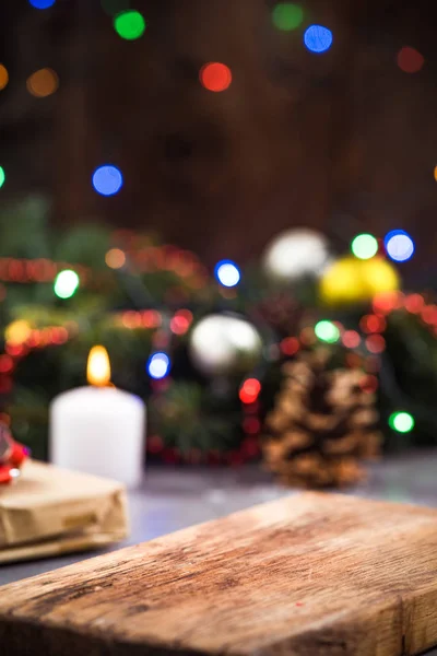 Kerstmis Achtergrond Houten Plank Vakantie Lichten Wazig Ingericht Tabel — Stockfoto