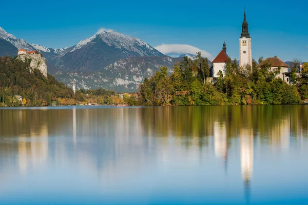 Eglise Sur Île Lac Bled Longue Exposition Slovénie — Photo