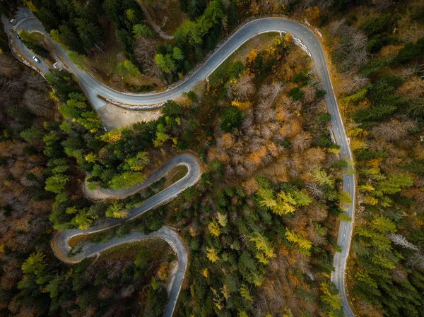 Curvy Δρόμο Γούρνα Atumn Δάσος Εναέρια Πάνω Προς Κάτω Άποψη — Φωτογραφία Αρχείου
