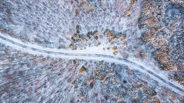 Karlı Ormandaki Hava Yukarıdan Aşağı Görünüme Kırsal Yol — Stok fotoğraf