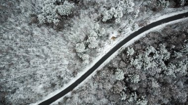 Kırsal yolda kış wondeland, dron havadan görünümü.