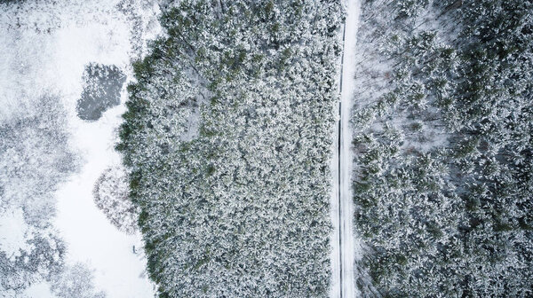 Winter season aerial top down view of a road in forest.