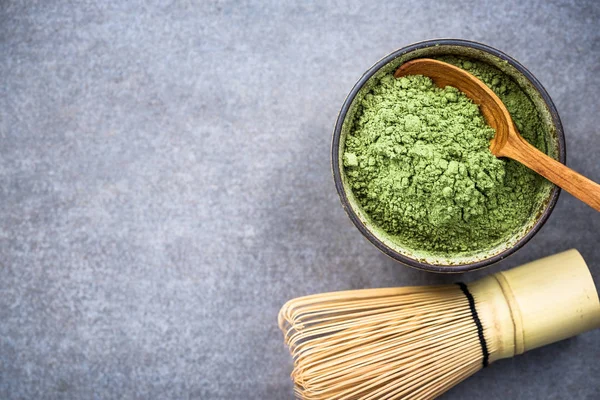 Matcha Green Tea Powder Bamboo Whisk Slate Copy Space — Stock Photo, Image