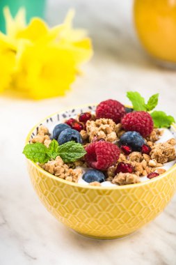 Granola, süt ve meyve meyveleri ile kahvaltı kase
