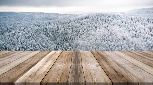Bosques de invierno, tableros de madera exhibición de productos, montaje y presen — Foto de Stock