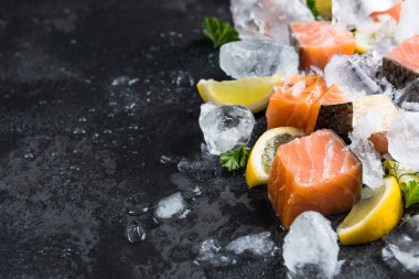 Buz üzerinde otlar ve limon ile somon parçaları