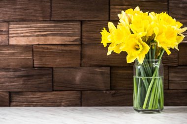 Ahşap arka planda, vazo çiçek bahar sarı Daffodils