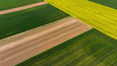 Tarım arazilerinde mahsul tarlalarında renkli desenler, havadan görünüm, insansız hava aracı