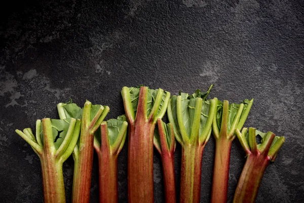 Market fresh rhubarb steams on dark slate — Stock Photo, Image