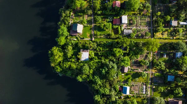 Tiny Ecological Friendly City Plot Gardens on Lake Edge, Aerial
