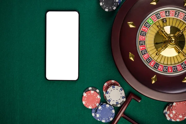 Mobile Phone White Screen Mock Up on Green Casino Table — Stock Photo, Image