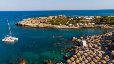 Kalithea Springs Therme ve Beach, Hava Drone Görünümü, Rodos, Gre
