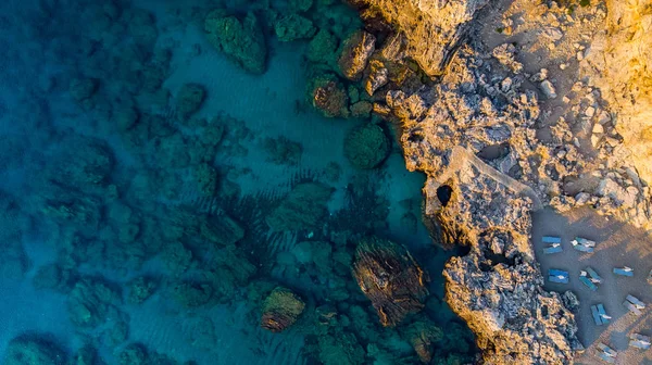 Pláž u východu slunce, ostrov Rhodos, letecký pohled — Stock fotografie