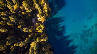 Autumn Forest ve Blue Lake Top Down Aerial Drone View. Küçük Hu
