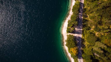 Road and Forest, Lake Edge 'de. Yukarıdan Aşağıya Hava Aracı Görünümü