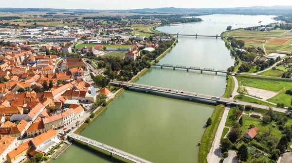 River Drava Aerial Drone View with Old Town of Pruj in Slovenia — Stock Photo, Image