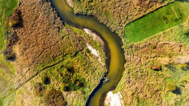 Polonya 'nın Ponidzie kırsalında nehir kıvrımları. Yukarıdaki İHA Vi