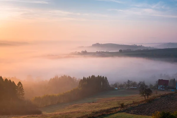 Terreni agricoli e campagna in Polonia a Foggy Sunrise in autunno — Foto Stock