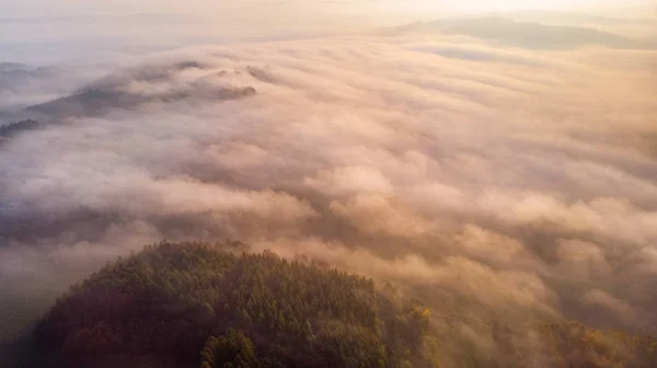 Aerial View on Fog and Clouds Above Forest at Autumn Sunrise — Stock Photo, Image